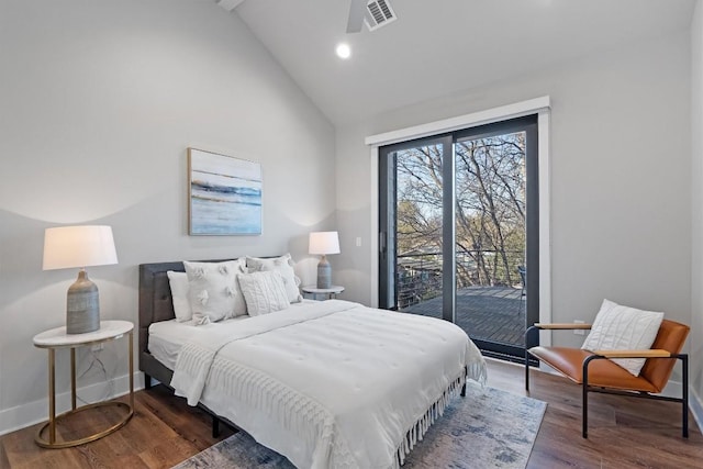 bedroom featuring visible vents, wood finished floors, high vaulted ceiling, access to outside, and baseboards