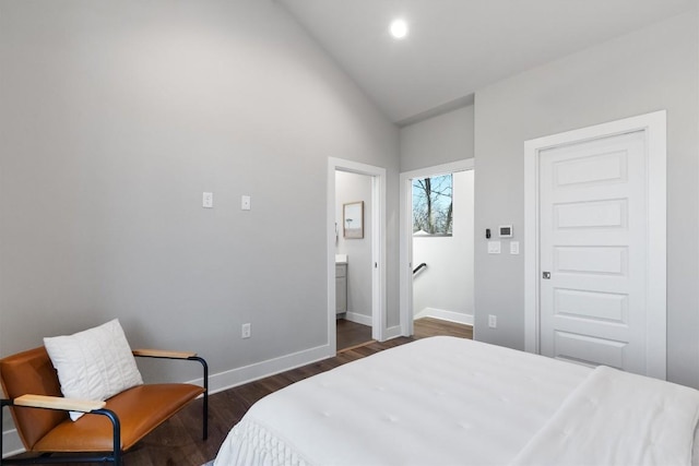5403 Duval St Unit 2, Austin, TX 78751 - bedroom with dark wood-type flooring, high vaulted ceiling, connected bathroom, and recessed lighting