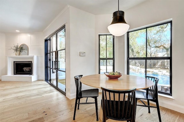 dining space with a fireplace with raised hearth, light wood finished floors, and a wealth of natural light