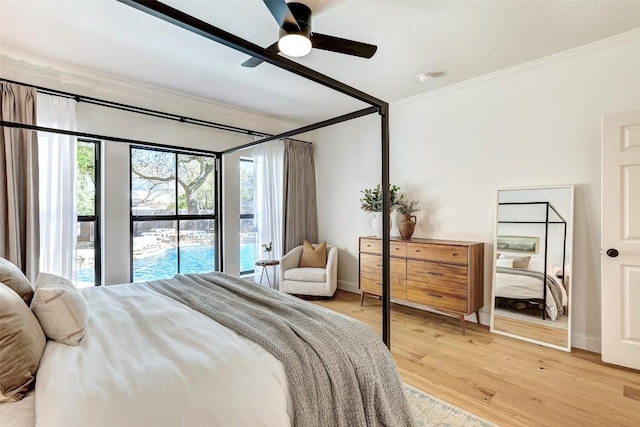 bedroom featuring ornamental molding, multiple windows, light wood-style floors, and ceiling fan