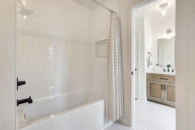 bathroom featuring shower / tub combo with curtain and vanity