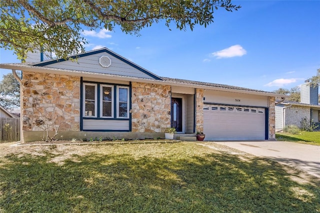 ranch-style house with an attached garage, stone siding, driveway, and a front lawn