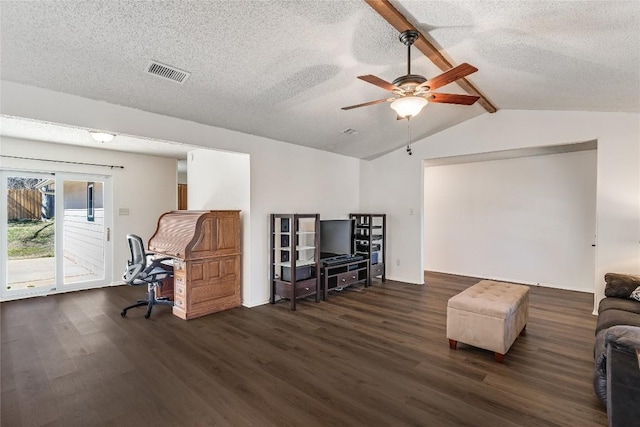 living area featuring visible vents, lofted ceiling with beams, ceiling fan, dark wood-style flooring, and a textured ceiling