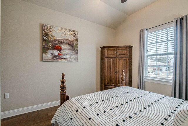 409 Flying Orchid Dr, San Marcos, TX 78666 - bedroom with dark wood finished floors, multiple windows, and vaulted ceiling