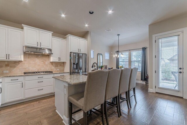 409 Flying Orchid Dr, San Marcos, TX 78666 - kitchen featuring appliances with stainless steel finishes, under cabinet range hood, a kitchen breakfast bar, light wood-type flooring, and recessed lighting