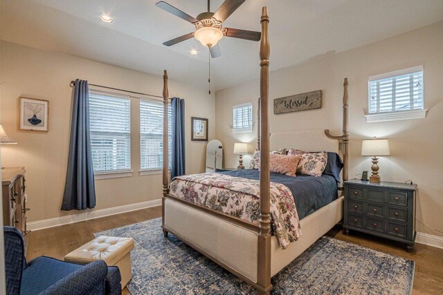 409 Flying Orchid Dr, San Marcos, TX 78666 - bedroom featuring multiple windows, wood finished floors, a ceiling fan, and recessed lighting