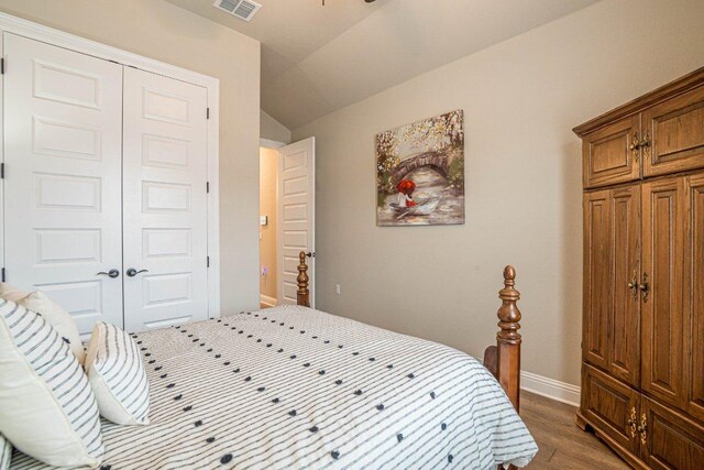 409 Flying Orchid Dr, San Marcos, TX 78666 - bedroom featuring a closet, dark wood-style flooring, and vaulted ceiling