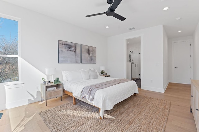 4402 Garnett St Unit 1, Austin, TX 78745 - bedroom with recessed lighting, light wood-style flooring, baseboards, and a ceiling fan