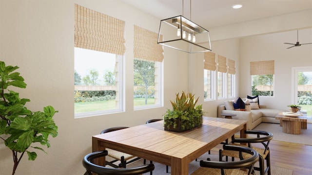 dining room with wood finished floors, a ceiling fan, and recessed lighting