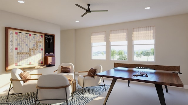 rec room featuring ceiling fan, a wealth of natural light, and recessed lighting