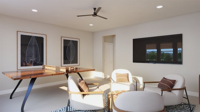 office space featuring ceiling fan, baseboards, and recessed lighting