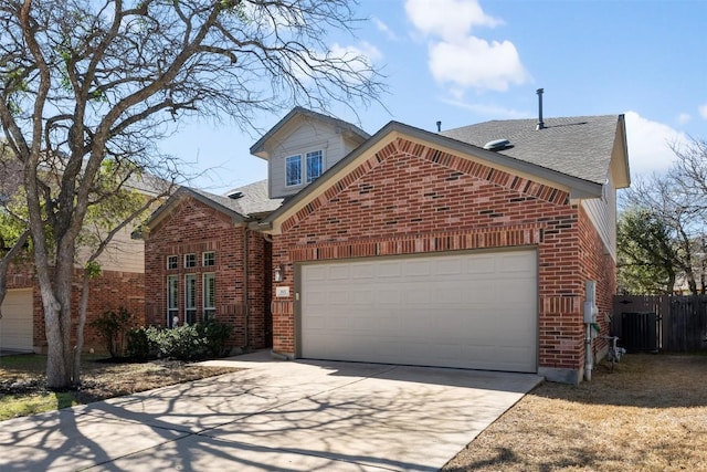 view of front of home with a garage, driveway, fence, cooling unit, and brick siding