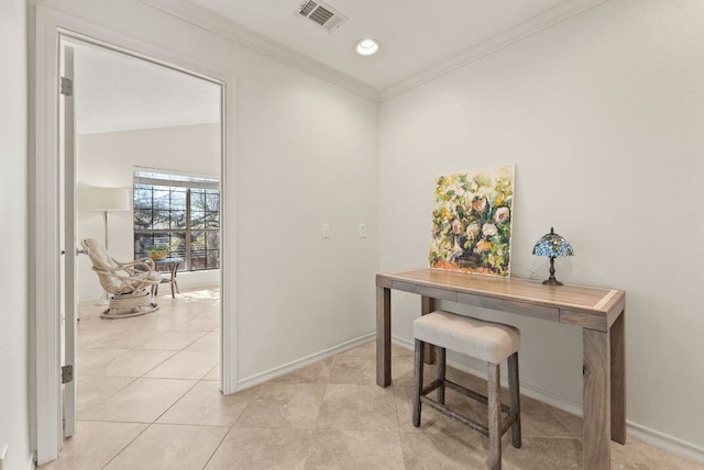 office space with visible vents, crown molding, baseboards, and light tile patterned floors