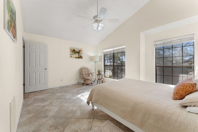 bedroom with visible vents, ceiling fan, high vaulted ceiling, tile patterned flooring, and baseboards