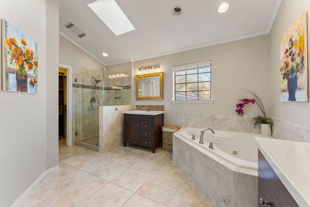 bathroom with vanity, visible vents, ornamental molding, a shower stall, and lofted ceiling with skylight