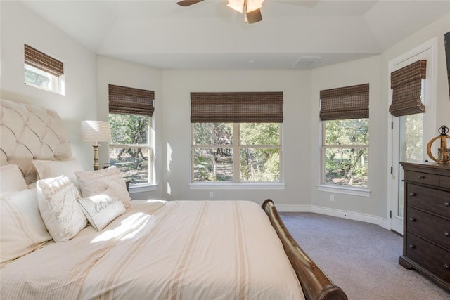 bedroom with visible vents, a ceiling fan, carpet, and baseboards