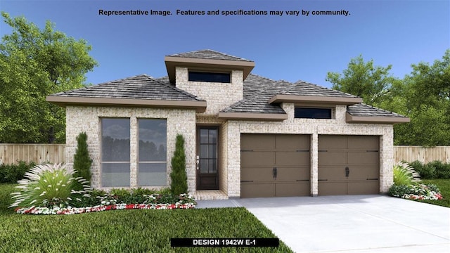 view of front of home featuring an attached garage, driveway, fence, and brick siding