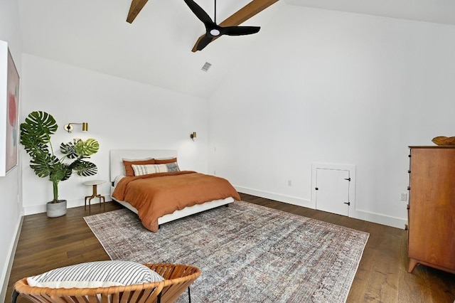 bedroom featuring visible vents, a ceiling fan, wood finished floors, high vaulted ceiling, and baseboards