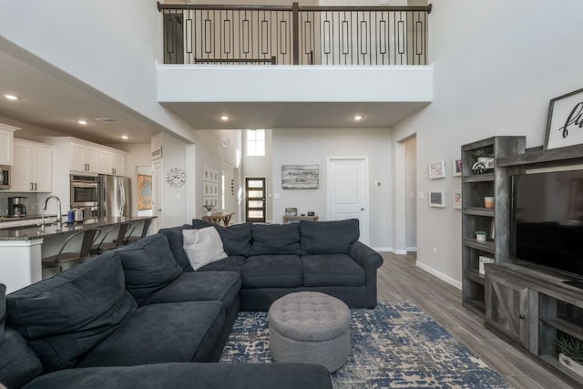 116 Evening Star Ln, Georgetown, TX 78628 - living area with a towering ceiling, wood finished floors, baseboards, and recessed lighting