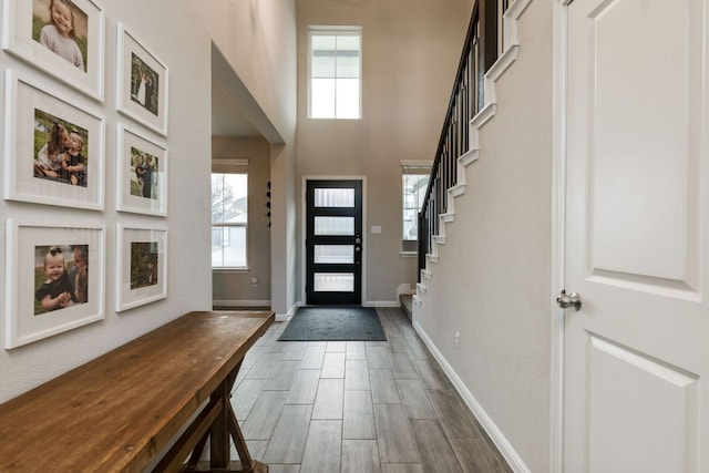 116 Evening Star Ln, Georgetown, TX 78628 - foyer with plenty of natural light, wood tiled floors, stairway, baseboards, and a high ceiling