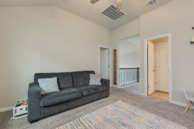 116 Evening Star Ln, Georgetown, TX 78628 - living room featuring carpet, vaulted ceiling, baseboards, and a ceiling fan