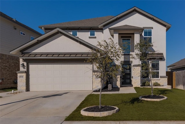 view of front facade featuring stucco siding, concrete driveway, a standing seam roof, fence, and a front lawn