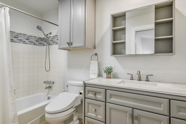 bathroom featuring toilet, shower / bathtub combination with curtain, and vanity