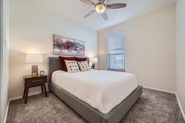 bedroom featuring carpet, baseboards, and ceiling fan