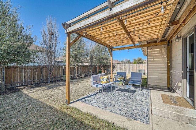 view of patio / terrace featuring a fenced backyard, an outdoor living space, and a pergola