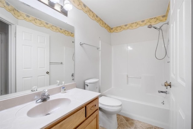 bathroom featuring  shower combination, vanity, toilet, and tile patterned floors