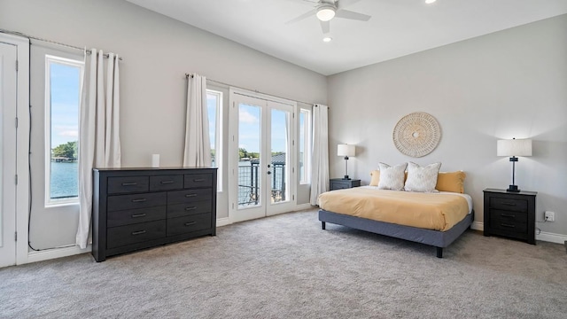 carpeted bedroom featuring baseboards, a ceiling fan, access to outside, french doors, and recessed lighting