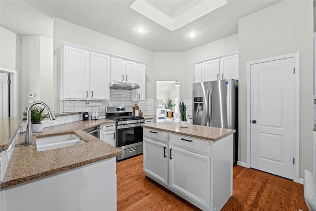 kitchen with under cabinet range hood, light wood-style flooring, appliances with stainless steel finishes, and a sink