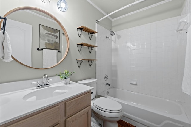 bathroom with toilet, vanity, and bathing tub / shower combination