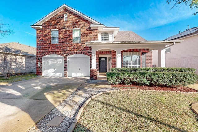 traditional home featuring brick siding, driveway, a porch, and a garage