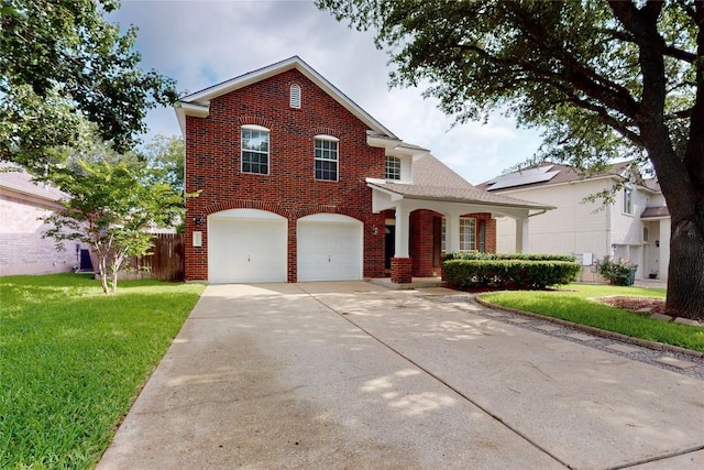 5008 Barlow Dr, Round Rock, TX 78681 - traditional-style house with brick siding, an attached garage, concrete driveway, and a porch