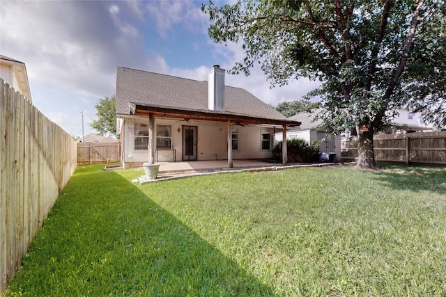 5008 Barlow Dr, Round Rock, TX 78681 - rear view of property featuring a patio, a chimney, ceiling fan, a fenced backyard, and a shingled roof