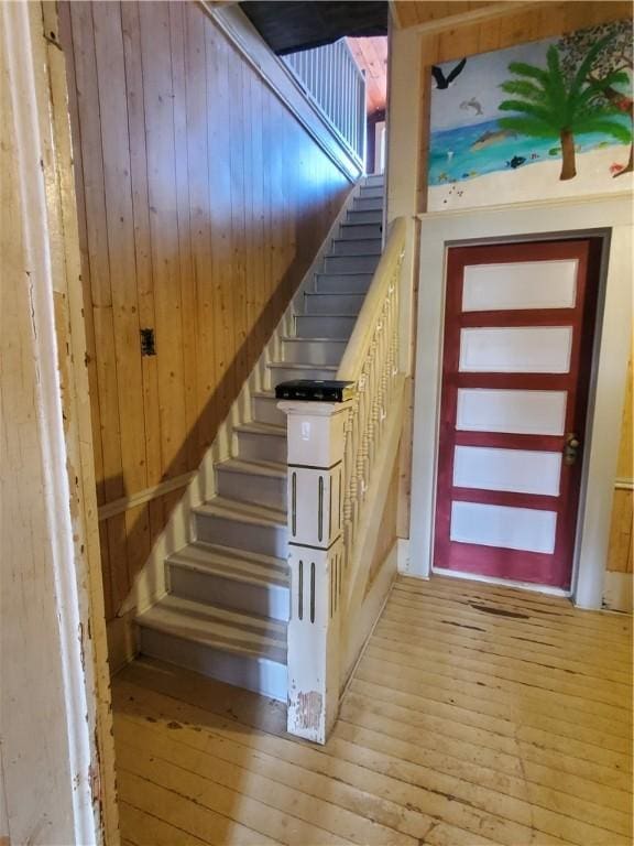 422 W N Main St, Flatonia, TX 78941 - stairway with wood-type flooring and wooden walls