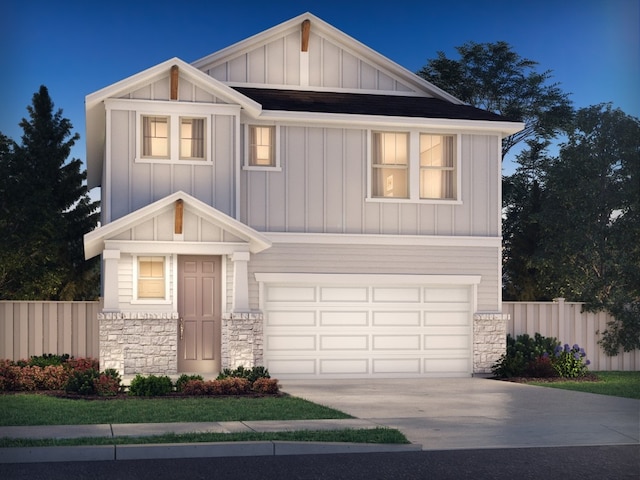 craftsman-style house featuring stone siding, board and batten siding, concrete driveway, and fence