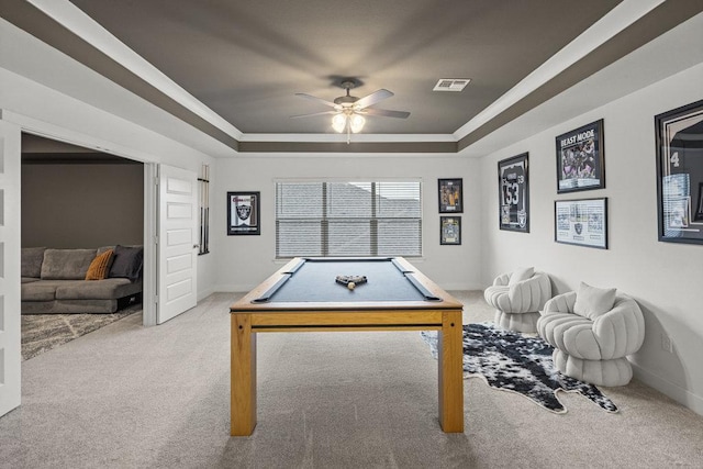 recreation room with baseboards, visible vents, a raised ceiling, pool table, and carpet flooring