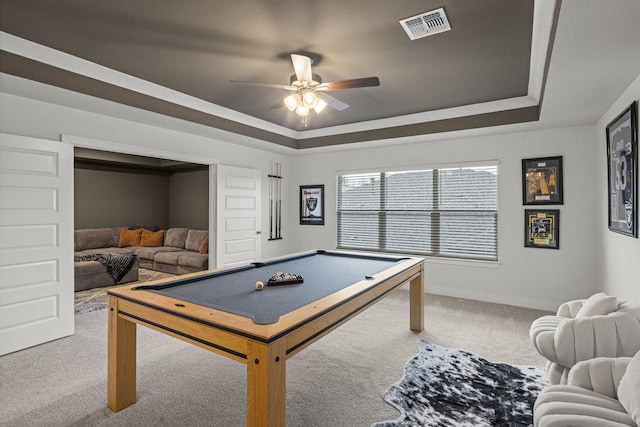 5824 Antelope Well Ln, Austin, TX 78738 - game room with carpet, a tray ceiling, ceiling fan, and billiards