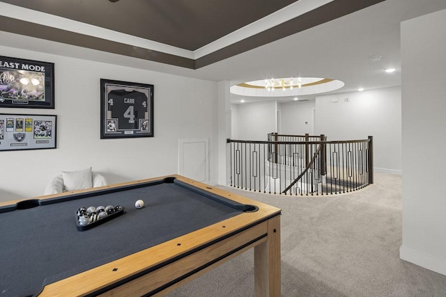 playroom featuring carpet floors, a tray ceiling, recessed lighting, billiards, and baseboards