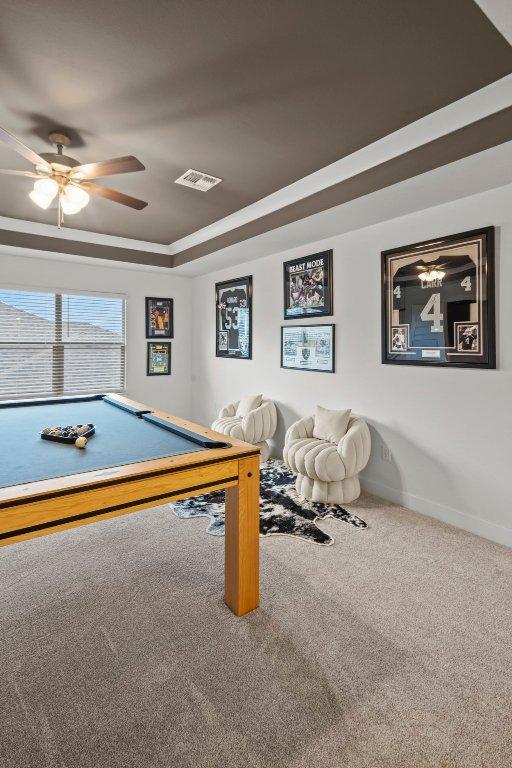 5824 Antelope Well Ln, Austin, TX 78738 - rec room featuring carpet floors, ceiling fan, baseboards, and billiards table