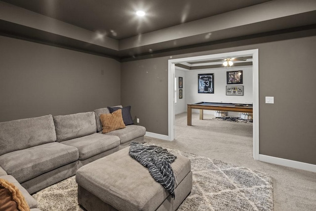 5824 Antelope Well Ln, Austin, TX 78738 - living area featuring carpet, a tray ceiling, and baseboards