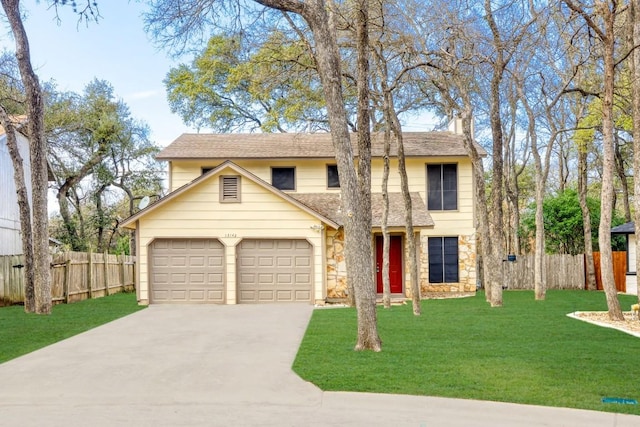 view of front of house with a garage, fence, stone siding, concrete driveway, and a front lawn