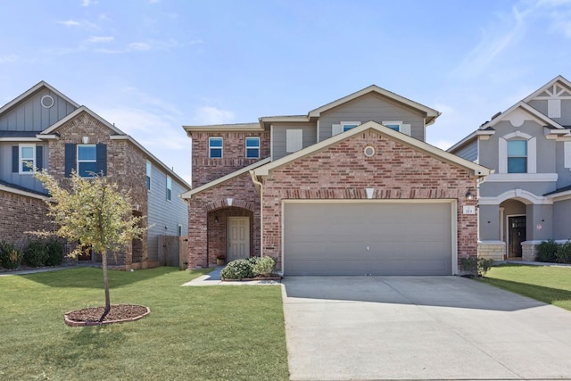 view of front of home with a front lawn, an attached garage, brick siding, and driveway