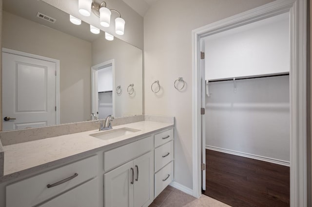 305 Bolivar Way Unit 101, San Marcos, TX 78666 - bathroom with vanity, a spacious closet, and wood finished floors