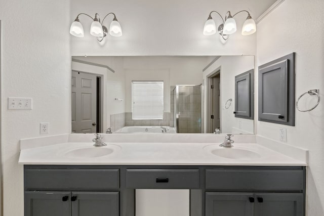 full bath with double vanity, a sink, a bath, and a shower stall