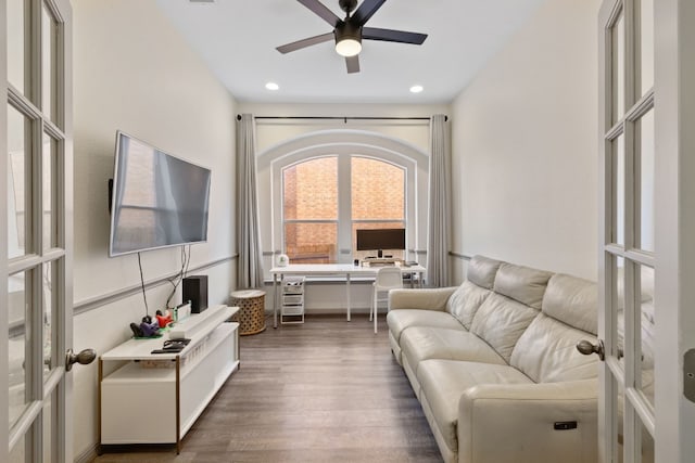 living area with recessed lighting, french doors, ceiling fan, and wood finished floors