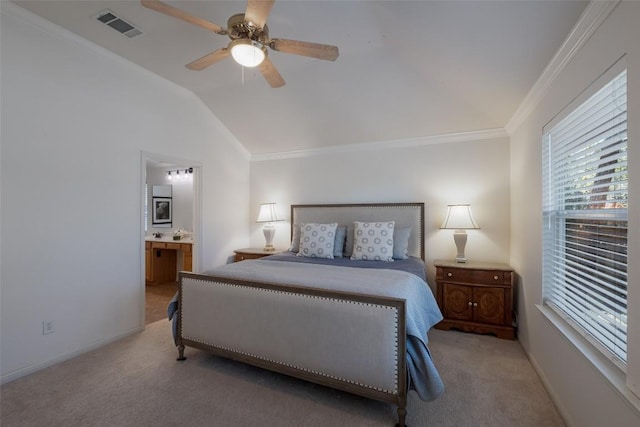 bedroom with lofted ceiling, visible vents, ornamental molding, and light colored carpet