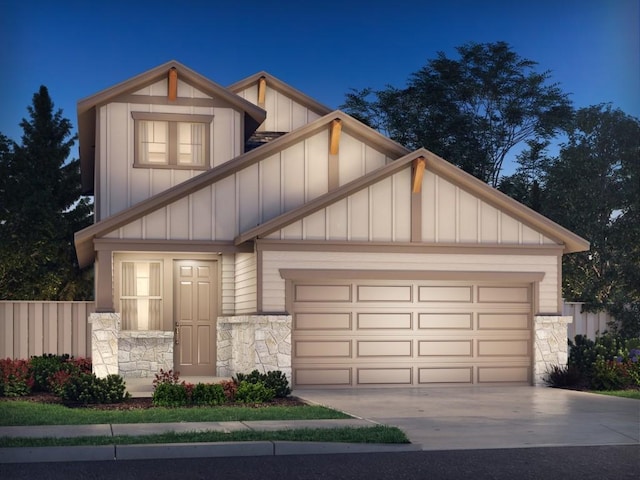 craftsman house featuring an attached garage, board and batten siding, fence, stone siding, and driveway